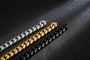 Close-up of hip-hop cuban link chains in silver, gold and black stainless steel