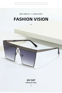 Detail of square metal frame sunglasses with gradient lenses and anti-UV coating