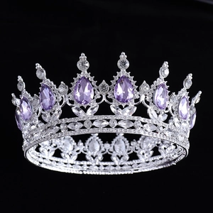 Elegant Baroque silver bridal crown with purple pear-shaped crystals and round clear gems