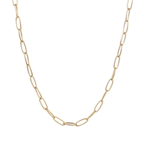 Detail shot of a minimalist gold paperclip chain necklace with oval links on white background