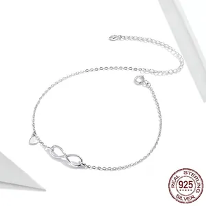Minimalist S925 sterling silver infinity and heart charm anklet with adjustable chain