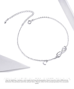 Detail of S925 sterling silver infinity anklet with heart charm and adjustable clasp