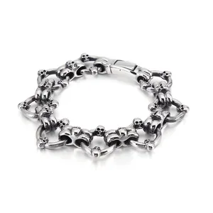 Bracelet Tête De Mort Pour Hommes Acier Inoxydable Punk Gothique Rock Biker Bijoux Couleur Argent Vintage Chaîne