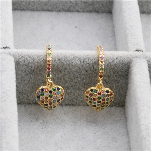 Gold heart drop earrings with micro-set colorful zircons in a jewelry display box