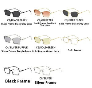 Detailed grid of fashion fan-shaped sunglasses with metal frames in various lens colors