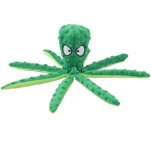 Green octopus plush dog toy with squeaky sound and textured minky fabric for pets