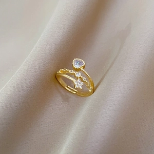 Adjustable gold heart and star ring with sparkling cubic zirconia stones for women