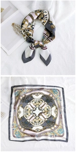 Detail of vintage chain print square silk scarf with baroque patterns in grey and pink