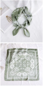 Detailed views of a green paisley square scarf in knotted style and flat layout display