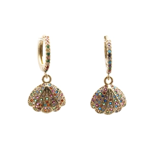 Golden hoop earrings with colorful zircon paved shell pendants on white background