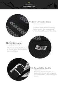 Detail of black breathable flat top cap showing metal logo, stitching and adjustable buckle