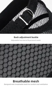 Detail of adjustable silver buckle and breathable honeycomb mesh on a black sun hat