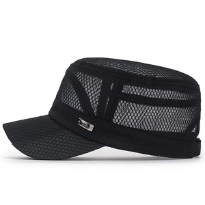 Men's breathable mesh flat top cap in black with metal logo for summer outdoor sun protection
