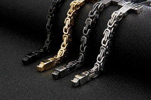 Detail view of Byzantine chain bracelets in black, gold, silver, and grey titanium steel