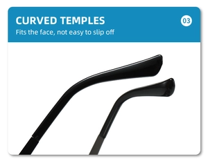 Detail of curved temples on gloss black square sunglasses for a secure and comfortable fit