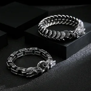 Bracelet tête de dragon rétro pour hommes en acier inoxydable avec finition argentée