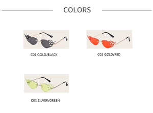 Frameless fire flame sunglasses in gold black, gold red, and silver green metal styles