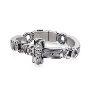 Vintage punk silver stainless steel cross bracelet for men with embossed religious textures
