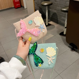 Straw woven mermaid crossbody bags for girls in beige and mint green with shell decor
