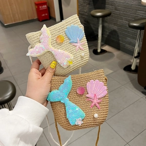Mermaid theme straw crossbody bags for girls with sequins shells and pearl straps
