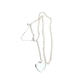 Polished silver heart locket pendant necklace with minimalist metal chain on white background
