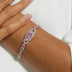 Elegant S925 silver bracelet featuring a rectangular pink gemstone and white diamonds