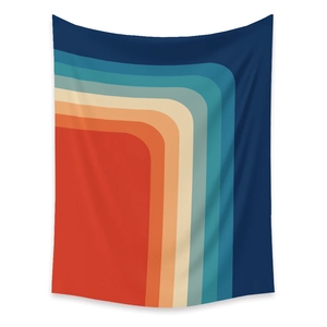 Bohemian tapestry featuring 70s retro rainbow stripes in blue, green, and orange