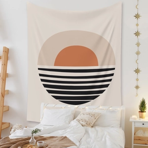 Minimalist geometric tapestry detail showing circle pattern above bed with star lights decor