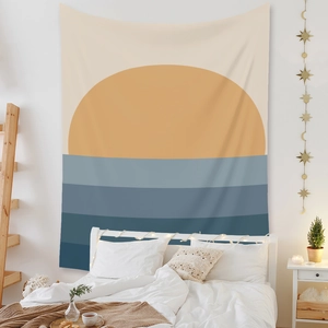 Bohemian tapestry featuring abstract sunset and blue wave patterns for bedroom wall decor