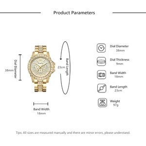 Detailed spec sheet of gold ladies watch with 38mm dial and rhinestone crystals