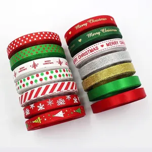 10mm Christmas ribbons set featuring red and green satin with Merry Christmas patterns