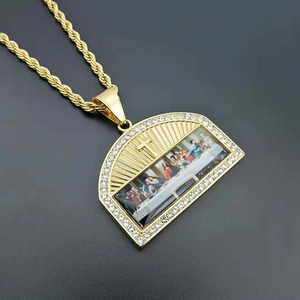 Hiphop Titanium Steel The Last Supper Pendant Necklace Gold Silver Rhinestone Religious Cross Inlaid Jewelry For Men Women