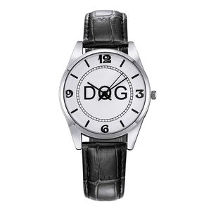 Minimalist quartz watch with silver case, white D&G dial and black faux leather strap