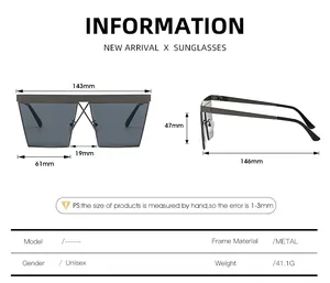 Detailed size chart for square metal frame sunglasses showing frame dimensions and weight