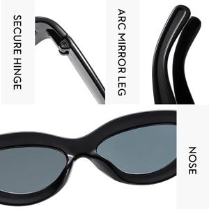 Dettaglio occhiali da sole cat-eye con cerniere in metallo e stanghette curve