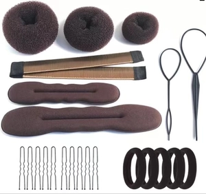 Detailed brown hair styling set with sponge donuts, magic curlers and pull hair pins