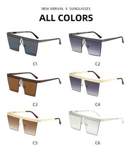 Detailed grid of oversized square metal sunglasses in six different gradient lens colors
