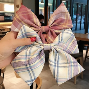 Dettaglio di grandi fermagli per capelli a fiocco in tessuto con motivi a quadri rosa e blu