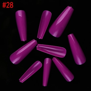 Glossy purple coffin press on nails in shade #28 displayed on a clean black background