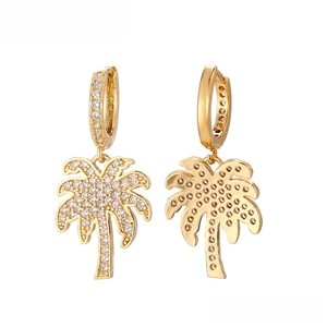 Detail of gold-plated palm tree earrings with white cubic zirconia micro-pave setting