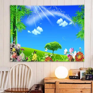Tenture murale paysage naturel avec bambous et fleurs pour décoration d'intérieur