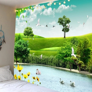 Detailed view of nature scenery tapestry with swan lake and forest for bedroom decor