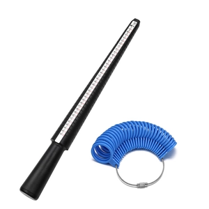 Ring size measuring tool set with black ring mandrel and blue finger gauge sizer