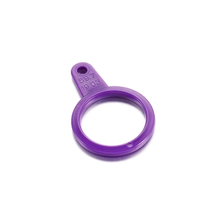Detail of purple ring sizer gauge with engraved 19.03mm diameter and 59.7mm circumference
