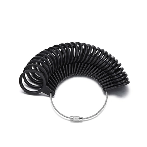 Detail of professional black plastic ring sizer set with US and UK size markings on white background