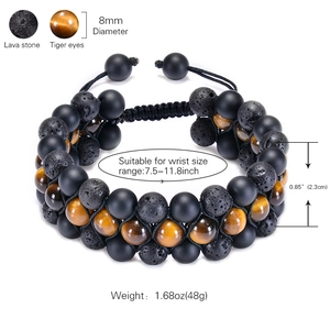 Adjustable triple-layer bracelet with 8mm black lava stone and natural tiger eye beads