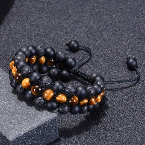 Three-layer men's bracelet with tiger eye stone, matte agate and black lava rock beads