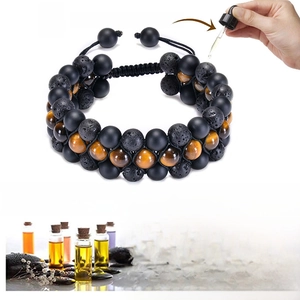 Three-layer adjustable tiger eye and lava stone diffuser bracelet with handwoven cord