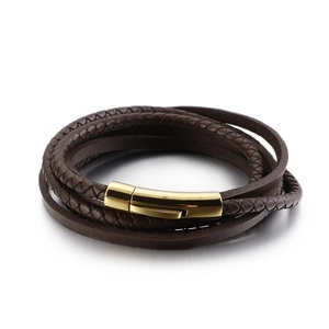 Multilayer brown braided leather bracelet for men with golden magnetic metal clasp