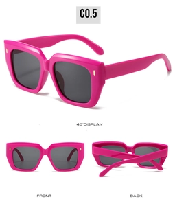 Detailed multi-angle view of rose red square sunglasses with silver rivet accents